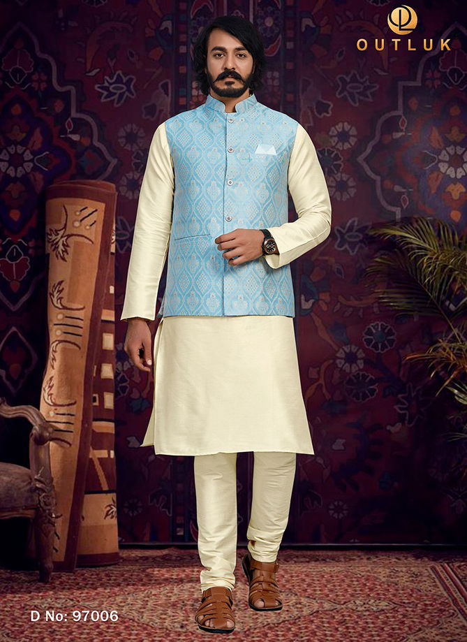 Sky Blue Colour Outluk 97 New Latest Designer Ethnic Wear Kurta Pajama With Jacket Collection 97006